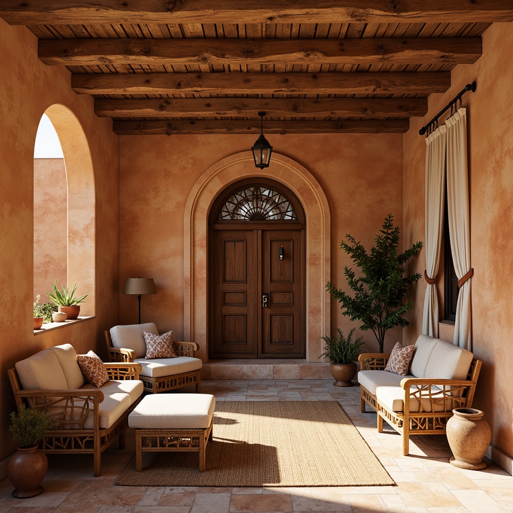 Prompt: Earth-toned ochre buildings, rustic stonework, warm terracotta roofs, vintage wooden doors, ornate ironwork, natural linen curtains, woven rattan furniture, distressed leather accents, sun-kissed earthenware, soft golden lighting, shallow depth of field, 1/2 composition, intimate warm atmosphere, realistic textures, ambient occlusion.