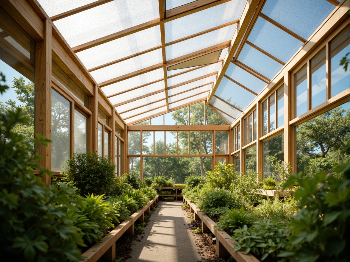 Prompt: Natural ventilation, climate-controlled greenhouse, transparent polycarbonate roof, automated windows, misting system, cooling pads, shading screens, horizontal airflow, evaporative cooling, heat recovery systems, solar-powered fans, cross-ventilation, roof vents, sidewall vents, insect screens, fogging systems, temperature regulation, humidity control, air circulation, plant health optimization, CO2 enrichment, natural light diffusion, sunny day, warm ambient lighting.