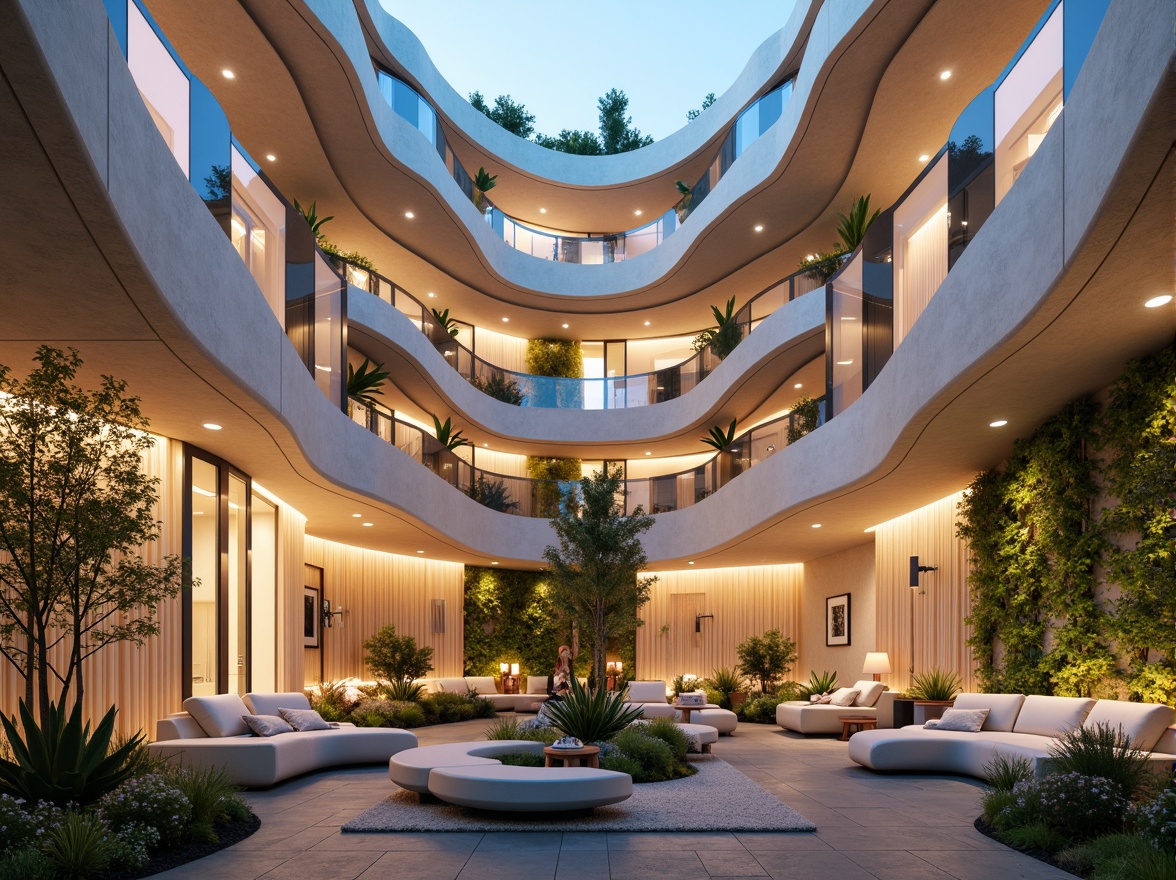 Prompt: Curvaceous blob-shaped apartments, undulating walls, wavy roofs, organic forms, soft rounded edges, pastel color palette, iridescent glazes, translucent materials, ambient lighting, cozy interior spaces, plush furnishings, natural textiles, reclaimed wood accents, lush greenery, vertical gardens, serene atmosphere, warm golden lighting, shallow depth of field, 2/3 composition, cinematic view, realistic textures, subtle animations.