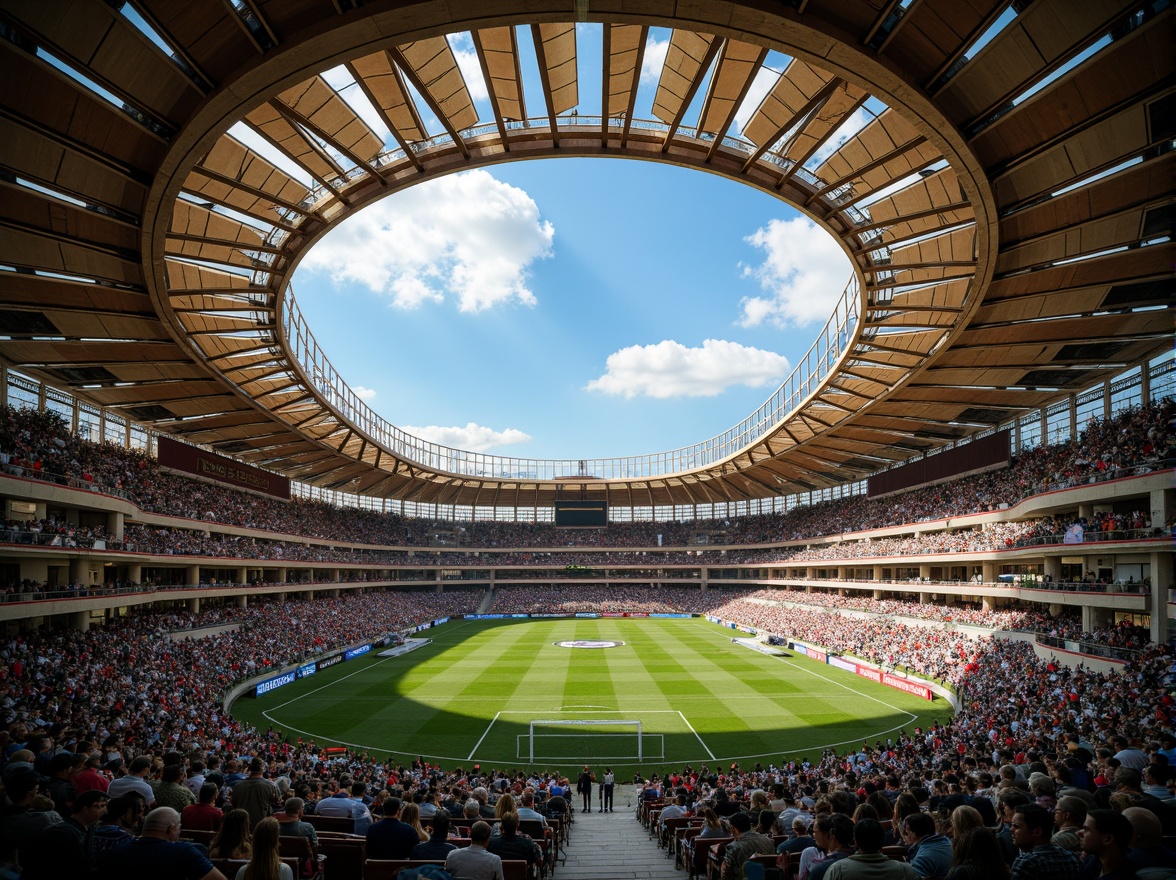 Prompt: Grand Gothic soccer stadium, intricately designed ribbed vaults, dramatic pointed arches, vibrant stained glass windows, majestic flying buttresses, ornate stone carvings, rustic brick fa\u00e7ade, medieval-inspired architecture, modern steel reinforcements, sleek cantilevered roofs, translucent skylights, atmospheric misting systems, lush greenery, natural ventilation, sustainable energy harvesting, wind turbines, solar panels, panoramic views, shallow depth of field, 3/4 composition, realistic textures, ambient occlusion.