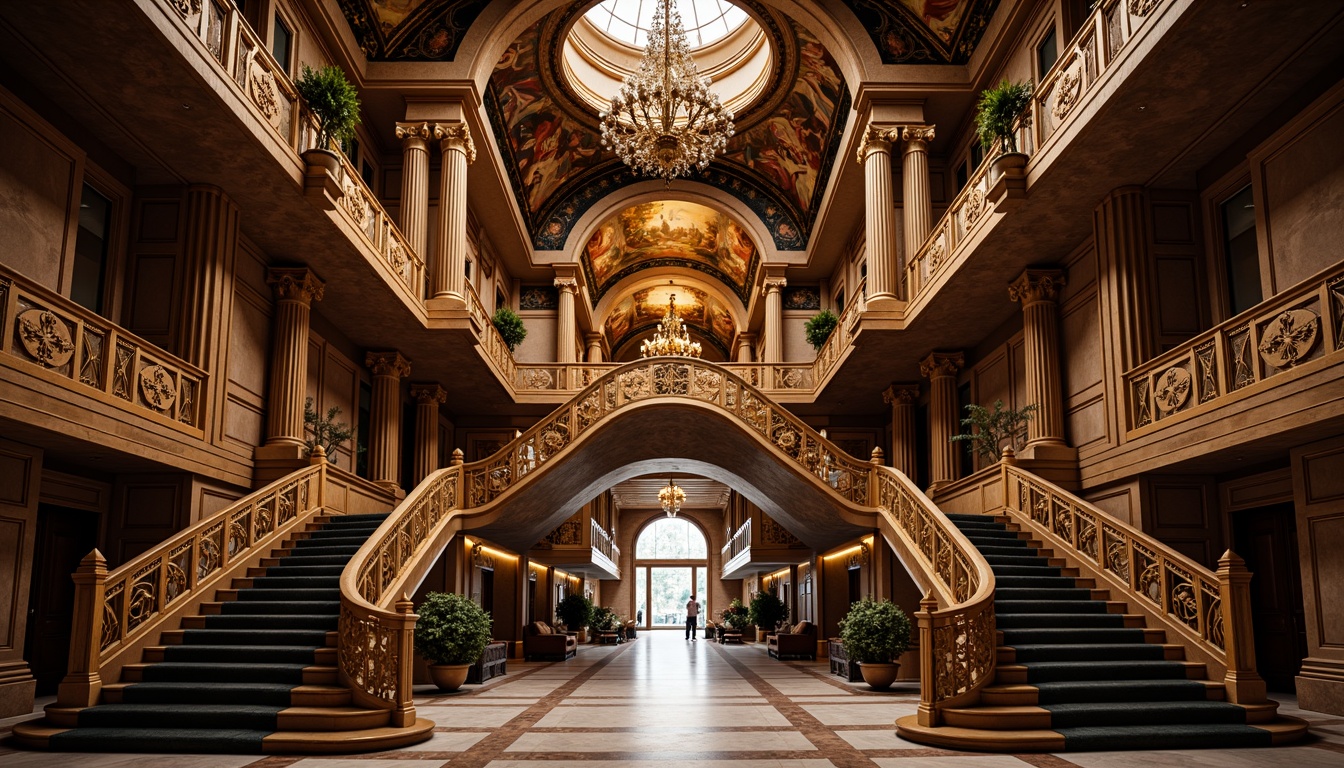 Prompt: Ornate grand entrance, sweeping staircases, ornamental balustrades, gilded details, lavish chandeliers, intricate frescoes, curved lines, dramatic lighting, intense shadows, rich textiles, velvety drapes, marble floors, carved wooden panels, golden accents, symmetrical fa\u00e7ade, grandiose proportions, imposing columns, decorative pediments, sculptural elements, theatrical ambiance, warm color palette, high contrast, 1/2 composition, dramatic focal point, cinematic atmosphere.