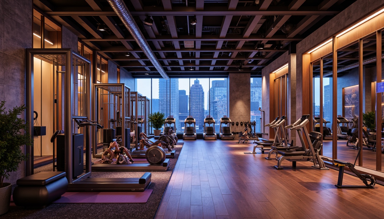 Prompt: Luxurious fitness club interior, contrasting materials, polished chrome equipment, natural wood accents, industrial metal beams, sleek glass partitions, vibrant neon lighting, soft plush carpets, textured stone walls, modern minimalist decor, state-of-the-art exercise machines, free weights, yoga mats, mirrored walls, high ceilings, urban cityscape views, dramatic overhead lighting, 1/2 composition, shallow depth of field, realistic reflections.