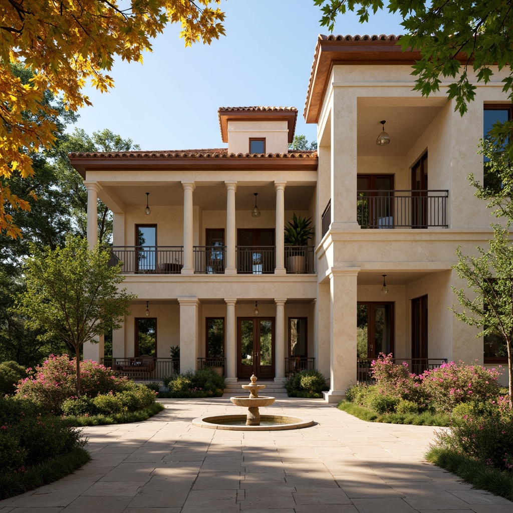 Prompt: Majestic villa, classical architecture, towering columns, ornate capitals, rustic stone walls, lush greenery, blooming flowers, tranquil fountain, serene courtyard, warm sunny day, soft golden lighting, 1/2 composition, symmetrical design, realistic textures, ambient occlusion.