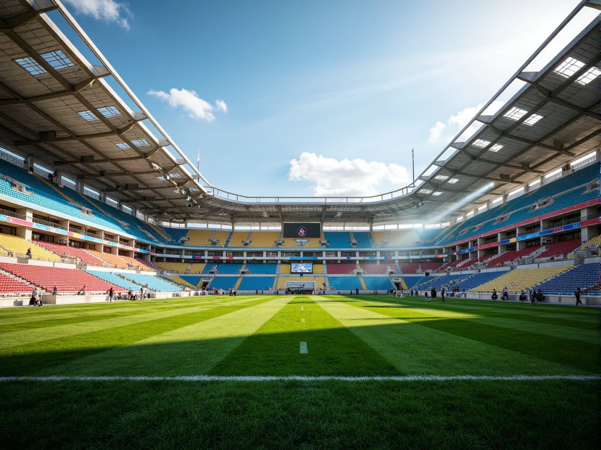 Prompt: Vibrant stadium atmosphere, lush green grass, bold team colors, dynamic LED lighting, metallic silver accents, concrete structures, modern angular architecture, sweeping arches, spacious concourses, energetic crowd scenes, sunny daytime ambiance, soft warm glow, shallow depth of field, 1/2 composition, panoramic views, realistic textures, ambient occlusion.