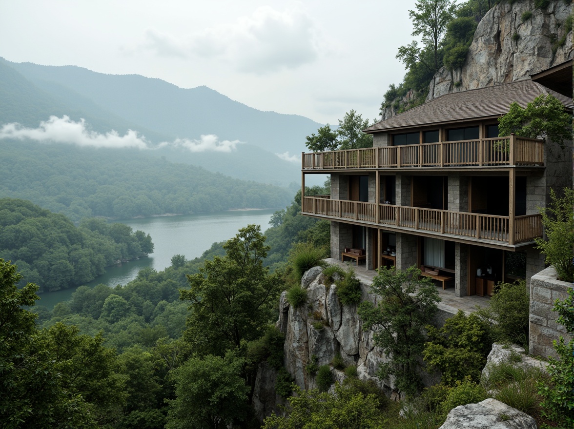 Prompt: Secluded watchtower, rugged stone walls, wooden observation decks, panoramic views, rolling hills, lush green forests, misty mountains, serene lakeside, natural rock formations, rustic architectural style, earthy color palette, weathered wood textures, subtle lighting effects, cinematic composition, atmospheric perspective, realistic foliage rendering.