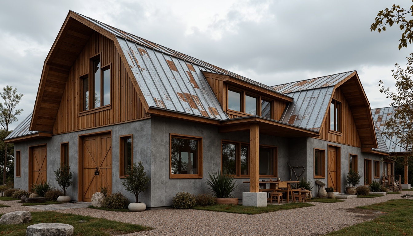 Prompt: Rustic barn, wooden accents, vintage farm tools, weathered metal roofing, corrugated iron sheets, modern innovative roof structure, asymmetrical design, clerestory windows, natural ventilation systems, reclaimed wood cladding, earthy color palette, overcast sky, soft diffused lighting, 1/2 composition, atmospheric perspective, realistic textures, subtle ambient occlusion.