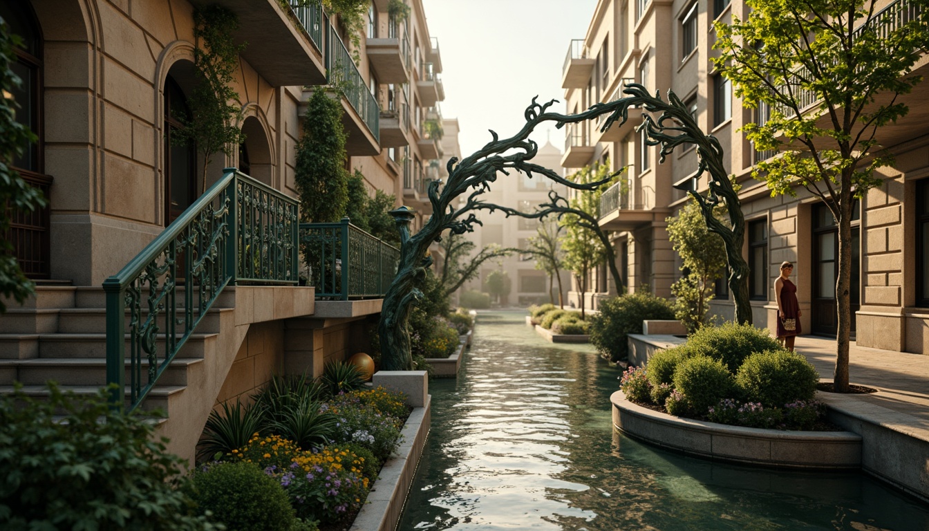 Prompt: Intricate ironwork, flowing organic curves, ornate lamp posts, sinuous banisters, decorative railings, vibrant green patina, majestic arches, grand stone piers, rippling water reflections, misty atmospheric effects, warm golden lighting, 1/2 composition, shallow depth of field, realistic metallic textures, subtle ambient occlusion.