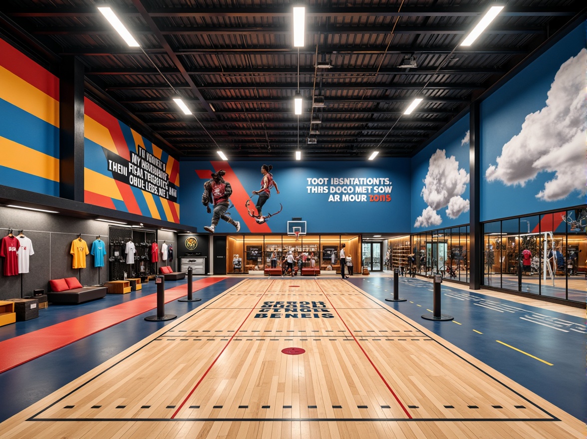 Prompt: Modern gymnasium interior, athletic tracks, sports equipment, vibrant color schemes, dynamic lighting, bold typography, motivational quotes, sturdy metal beams, polished wooden floors, acoustic panels, sound-absorbing materials, ergonomic seating, flexible flooring systems, shock-absorbing surfaces, climbing walls, ropes courses, basketball courts, volleyball nets, fitness machines, exercise mats, mirrored walls, athletic wear displays, energetic atmosphere, high-contrast colors, 2/3 composition, diagonal lines, abstract textures, realistic reflections.