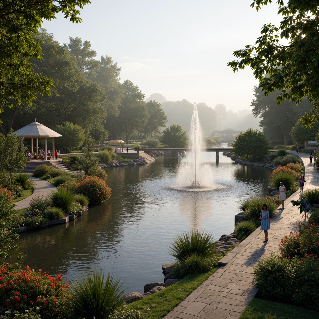 Prompt: Serene lakefront, rippling water, majestic fountains, splashing streams, tranquil ponds, lush greenery, vibrant flowers, walking paths, stone bridges, wooden docks, sailboats, kayaks, misty atmosphere, soft warm lighting, shallow depth of field, 3/4 composition, panoramic view, realistic textures, ambient occlusion.