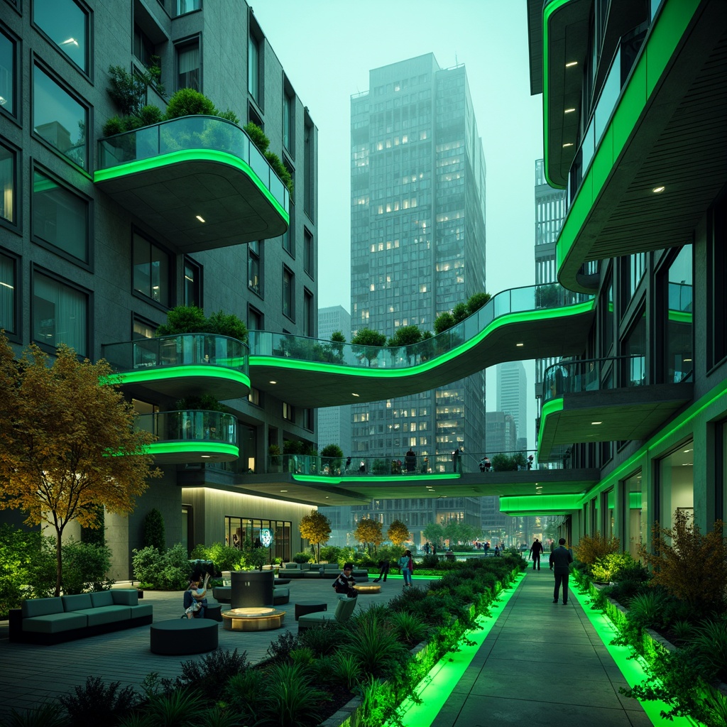 Prompt: Vibrant industrial complex, energy-efficient architecture, bold color scheme, neon green accents, metallic silver tones, dark grey concrete structures, sleek glass facades, exposed pipes, modern LED lighting, abstract geometric patterns, dynamic shapes, futuristic design elements, urban cityscape background, misty atmosphere, high-contrast rendering, dramatic spotlighting, 1/2 composition, cinematic view.