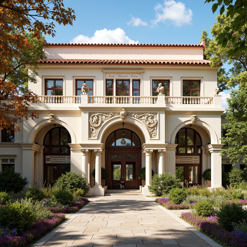 Prompt: Renaissance-style middle school building, symmetrical facade, ornate stone carvings, grand entrance archways, columned porticos, red terra cotta roof tiles, creamy white stucco walls, arched windows, decorative pediments, classical balustrades, lush greenery, vibrant flowerbeds, educational signage, natural stone pathways, warm sunny day, soft diffused lighting, shallow depth of field, 3/4 composition, realistic textures, ambient occlusion.