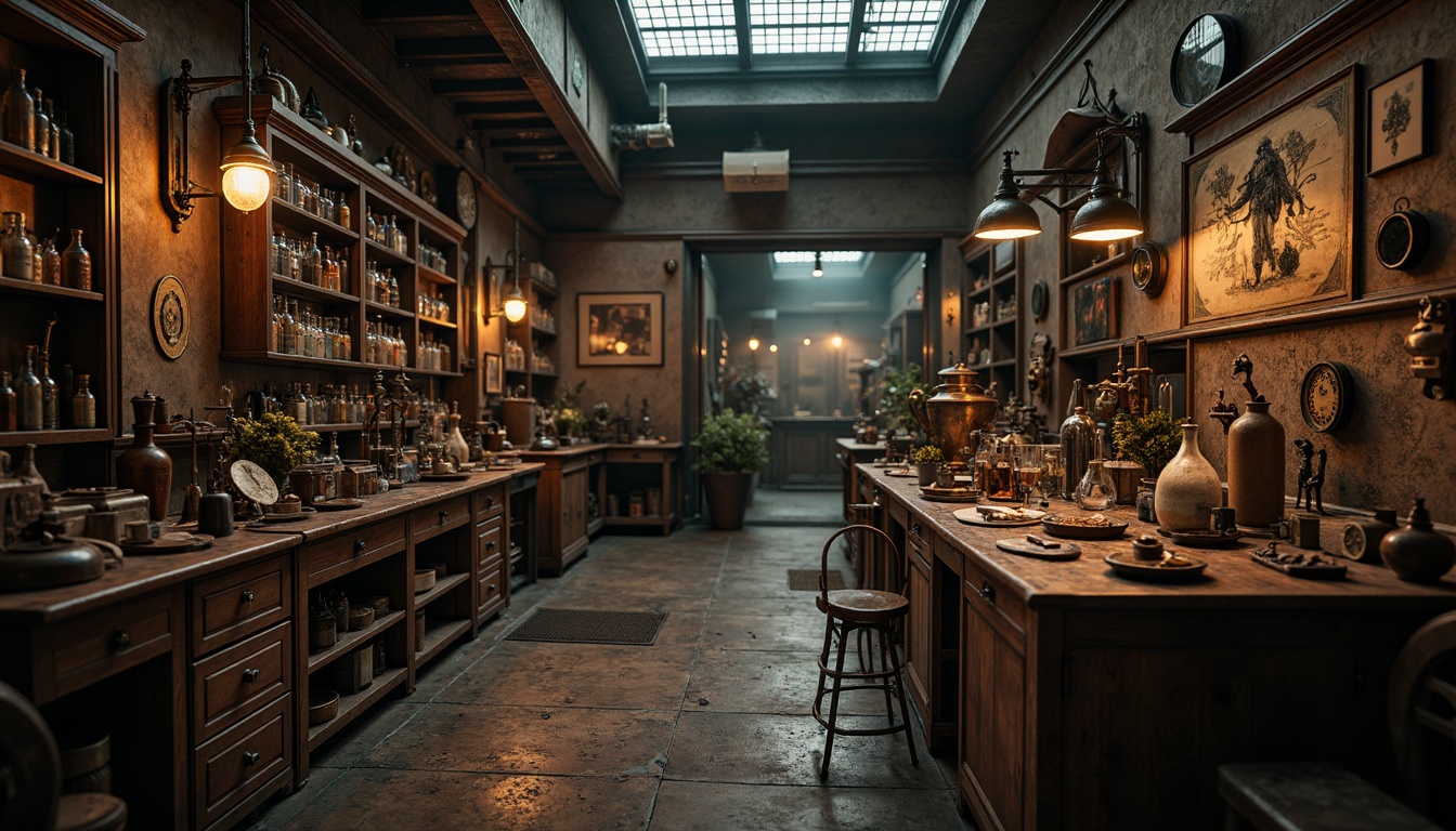 Prompt: Intricate laboratory equipment, Victorian-era inspired furniture, ornate wooden cabinets, antique glassware, vintage scientific instruments, mysterious alchemical artifacts, distressed stone walls, industrial metal beams, dimly lit corridors, eerie atmospheric lighting, shallow depth of field, 1/1 composition, cinematic camera angles, realistic textures, ambient occlusion.