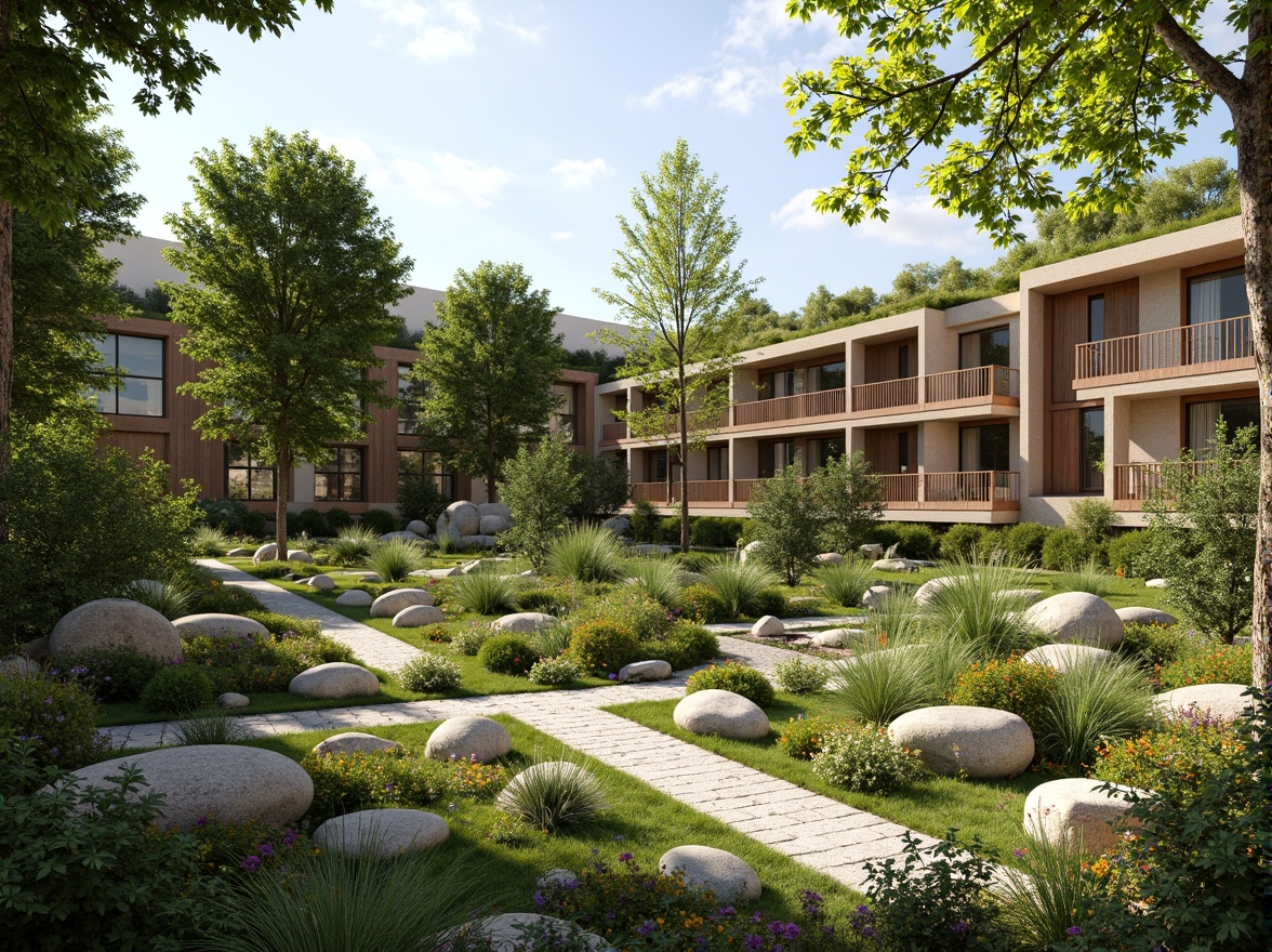 Prompt: Harmonious landscape integration, lush green roofs, verdant walls, organic architecture, natural stone facades, wooden accents, earthy tones, serene water features, meandering pathways, native plant species, vibrant wildflowers, sunny days, soft warm lighting, shallow depth of field, 1/1 composition, symmetrical balance, realistic textures, ambient occlusion.