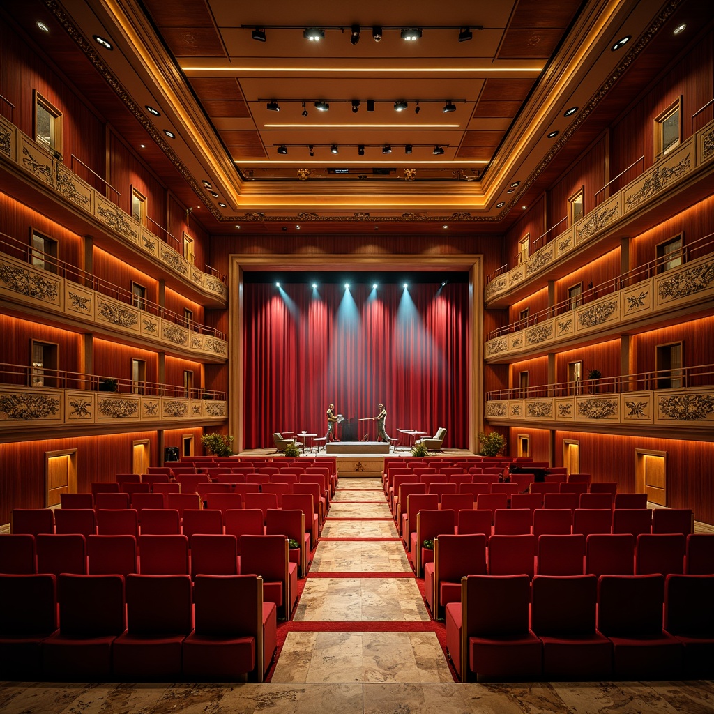 Prompt: Vibrant concert hall, dynamic stage lighting, rich wood accents, bold red seats, luxurious velvet drapes, metallic silver railings, polished marble floors, ornate gold details, dramatic spotlights, warm golden ambiance, intimate seating arrangement, 1/2 composition, shallow depth of field, realistic textures, ambient occlusion.