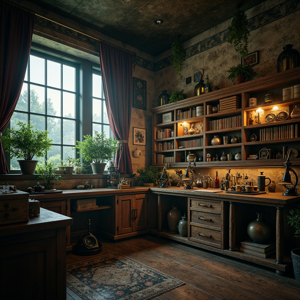 Prompt: Whimsical laboratory, distressed stone walls, worn wooden cabinets, vintage scientific instruments, antique microscopes, ornate metal fixtures, dimly lit atmosphere, soft warm glow, misty windows, lush greenery, mysterious fog, eerie silence, rustic wooden doors, aged leather-bound tomes, intricate mechanical devices, steampunk-inspired details, rich velvet drapes, nostalgic artifacts, romantic era ambiance, high contrast lighting, shallow depth of field, 1/2 composition, moody color palette.