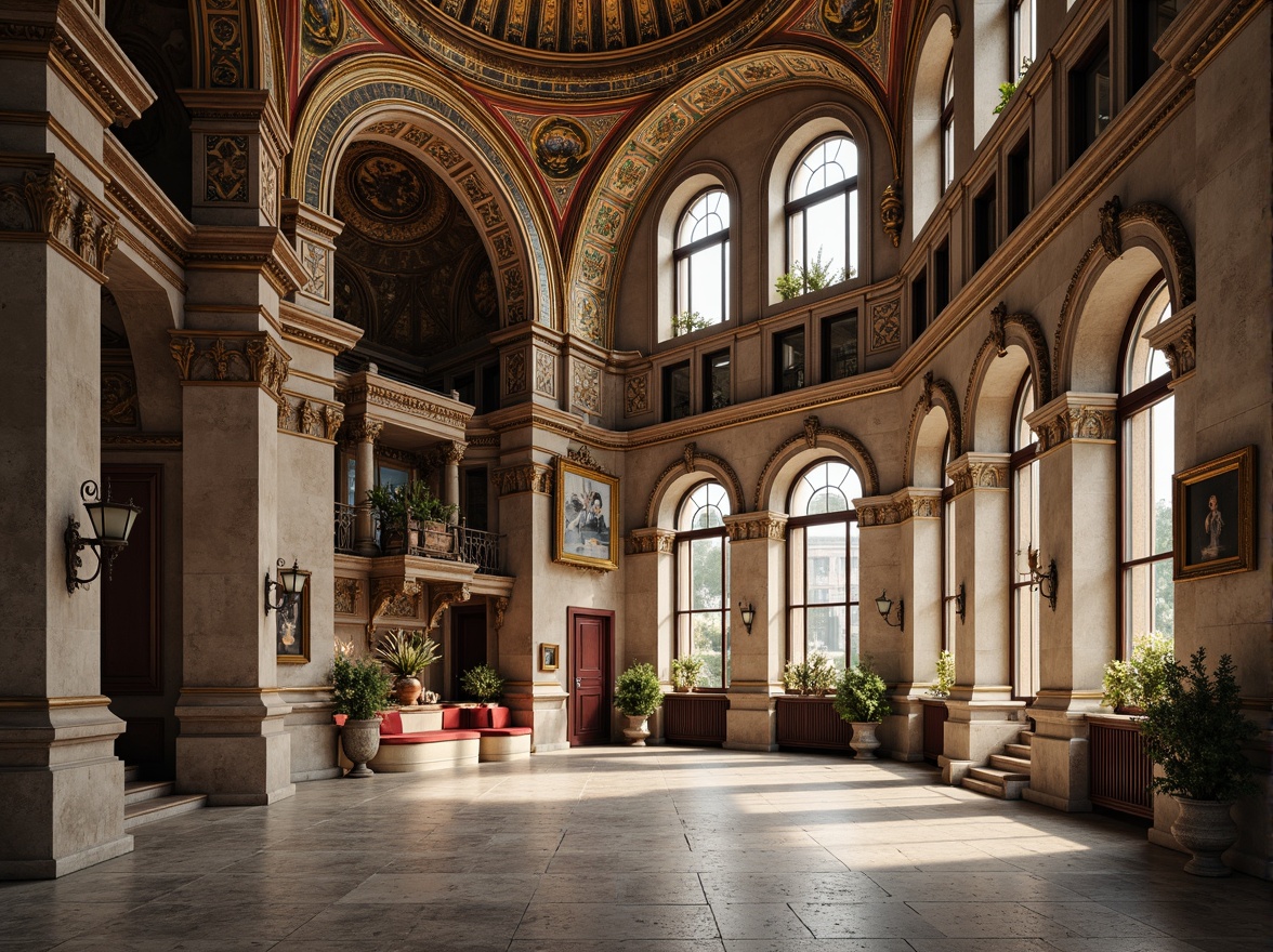 Prompt: Intricate stone carvings, ornate arches, grand domes, vibrant mosaic tiles, golden accents, rustic brickwork, weathered stone walls, ornamental columns, capitals, Byzantine-inspired ornaments, lavish decorations, rich textures, warm earthy tones, soft diffused lighting, shallow depth of field, 1/1 composition, realistic renderings, ambient occlusion.