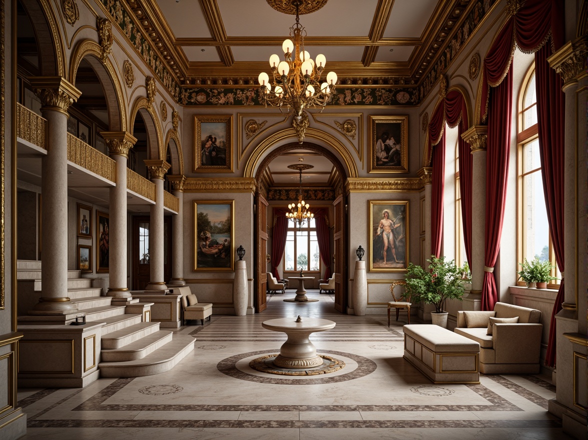 Prompt: Renaissance-style palace, ornate stone carvings, intricately designed fountains, grand staircases, lavish marble floors, high ceilings, decorative frescoes, ornamental chandeliers, luxurious velvet drapes, golden accents, rich wood paneling, classic columns, symmetrical arches, soft warm lighting, subtle color palette, 1/2 composition, shallow depth of field, realistic textures, ambient occlusion.