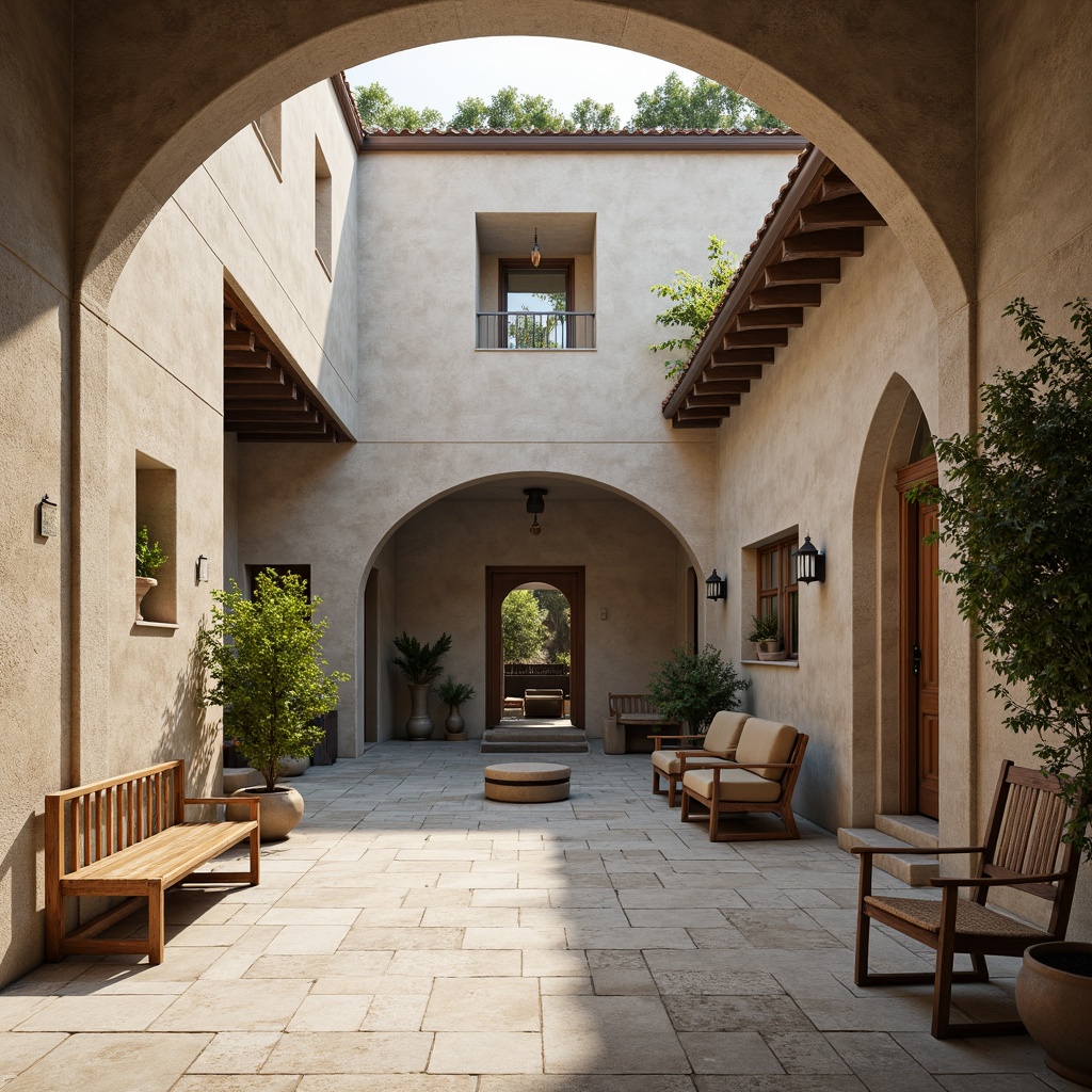 Prompt: Simple monastery courtyard, peaceful atmosphere, neutral color palette, clean lines, minimalist furniture, natural stone walls, wooden accents, subtle lighting, soft shadows, serene ambiance, quiet study areas, monastic cells, private chapels, vaulted ceilings, arched windows, rustic doors, worn stone floors, contemplative silence, warm afternoon light, shallow depth of field, 1/1 composition, realistic textures.