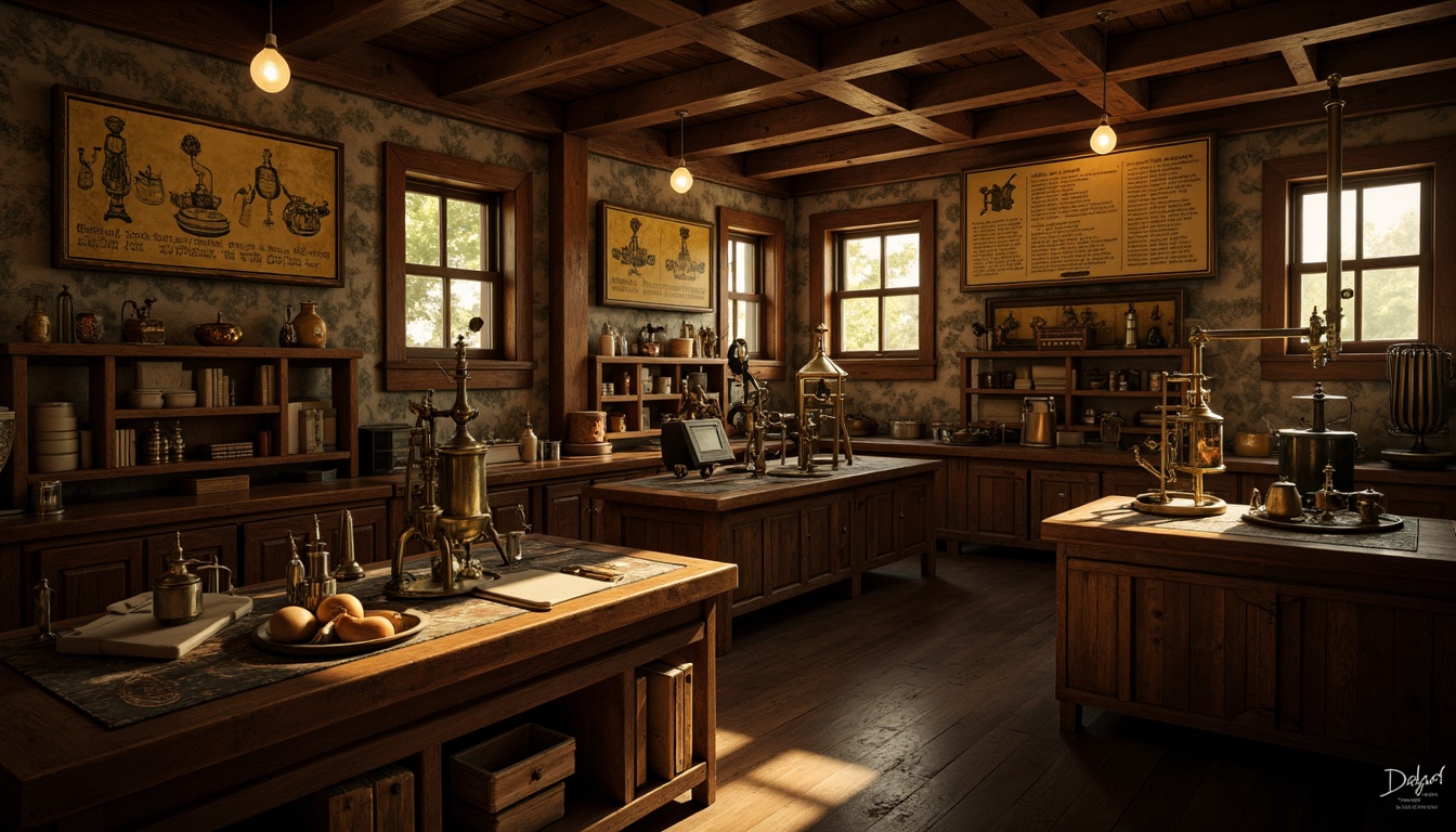 Prompt: Vintage laboratory equipment, distressed wooden workbenches, antique scientific instruments, ornate metal fixtures, richly stained wood paneling, warm golden lighting, mysterious shadows, dimly lit corners, rustic stone walls, abandoned experimentation stations, old-fashioned machinery, nostalgic color palette, cinematic atmosphere, shallow depth of field, 1/1 composition, dramatic lighting, realistic textures.