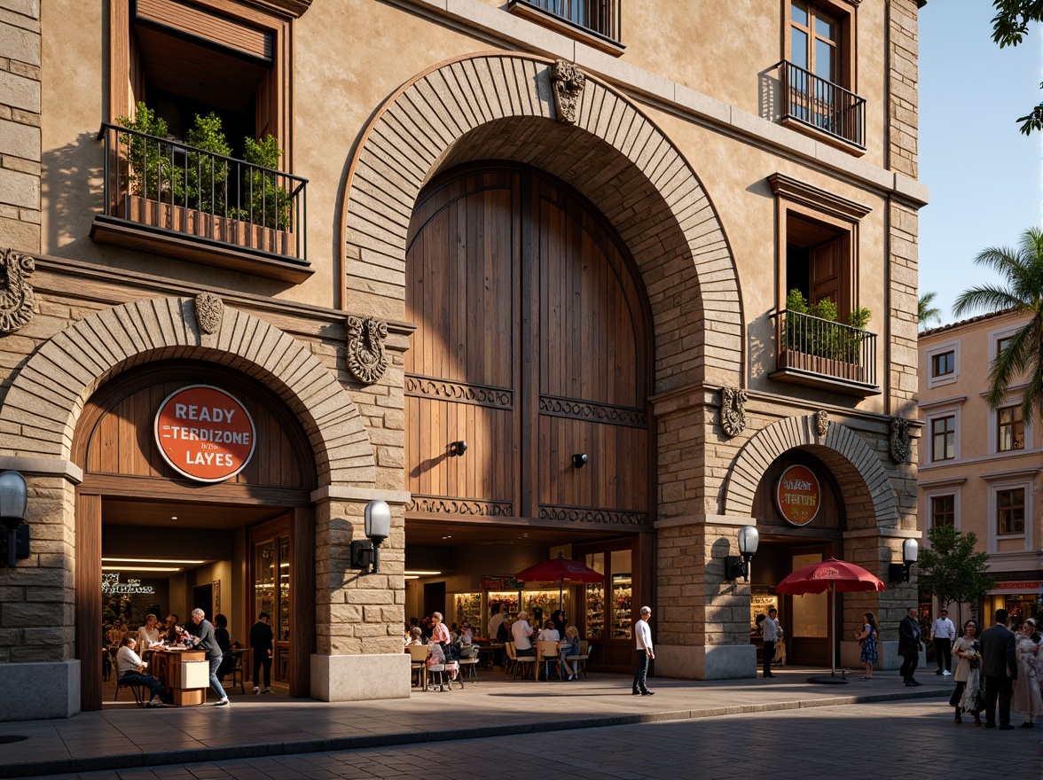 Prompt: Renaissance market facade, ornate stone carvings, grand archways, intricately patterned brickwork, rustic wooden shutters, vibrant market signs, colorful awnings, lively street performers, bustling crowd scenes, warm golden lighting, shallow depth of field, 1/2 composition, realistic textures, ambient occlusion.