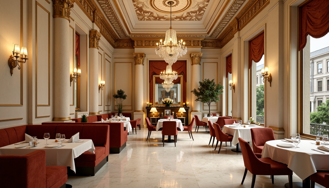 Prompt: Elegant neoclassical restaurant interior, cream-colored marble floors, ornate moldings, decorative pilasters, rich wood paneling, luxurious velvet upholstery, crystal chandeliers, soft warm lighting, gold leaf accents, intricate fresco ceilings, classic columnar architecture, refined furniture profiles, subtle texture contrasts, nuanced color palette, sophisticated ambiance, warm beige tones, subtle sheen finishes, ornamental metalwork, exquisite detailing, 1/2 composition, shallow depth of field, realistic textures.