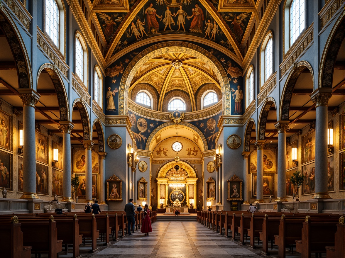 Prompt: Byzantine-style church interior, golden mosaics, intricate patterns, ornate decorations, vivid colors, shimmering light, high ceilings, grand arches, marble floors, ornamental columns, symbolic icons, sacred artwork, lavish ornamentation, rich textures, detailed murals, stunning frescoes, dramatic lighting, 3/4 composition, close-up shots, realistic reflections, ambient occlusion.