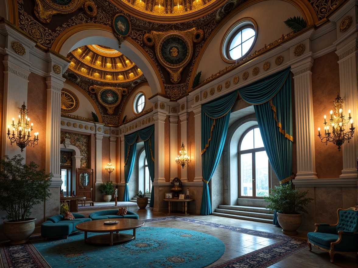 Prompt: \Majestic Byzantine palace, ornate golden domes, intricate stone carvings, azure-blue mosaics, rich velvet drapes, lavish jewel-toned furnishings, ornamental metallic accents, majestic archways, grandiose chandeliers, soft warm candlelight, atmospheric fog effects, 1/1 composition, symmetrical framing, realistic reflections, ambient occlusion.\Please let me know if this meets your requirements!