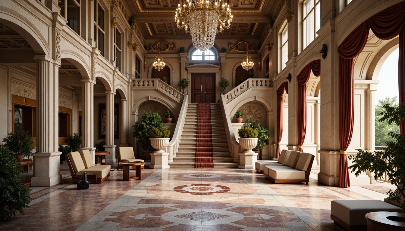 Prompt: Grand villa, classical architecture, ornate detailing, carved stone facades, columns with Corinthian capitals, symmetrical composition, grand entrance with sweeping staircase, intricately patterned marble floors, high ceilings with ornate moldings, crystal chandeliers, lavish furnishings, rich velvet fabrics, golden accents, soft warm lighting, shallow depth of field, 1/1 composition, realistic textures, ambient occlusion.