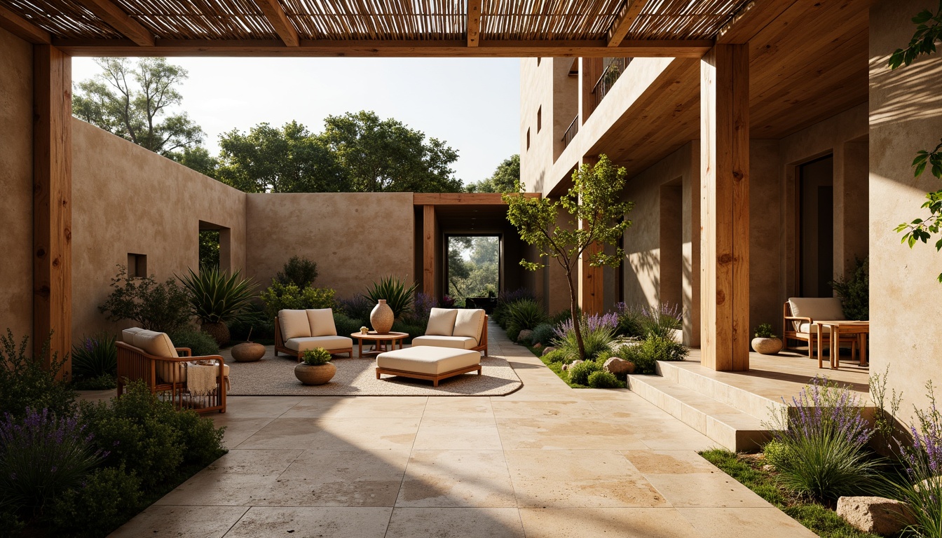 Prompt: Earthy modern architecture, organic mud walls, natural rustic textures, rough-hewn stone foundations, reclaimed wood accents, lush green roofs, serene courtyard spaces, bamboo flooring, woven rattan furniture, earthy color palette, warm soft lighting, shallow depth of field, 1/1 composition, intimate atmospheric mood, realistic rendering.