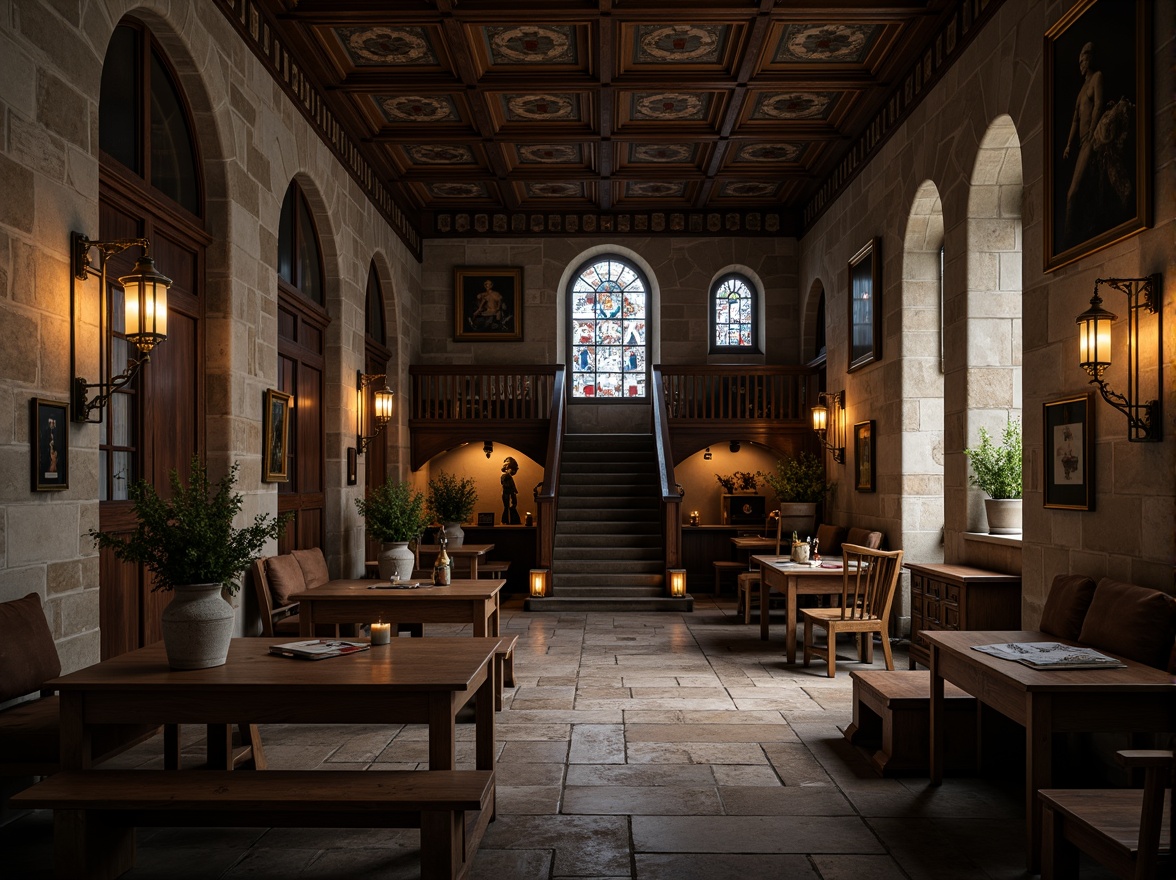 Prompt: Vaulted ceilings, stone walls, wooden benches, rustic tables, worn leather-bound tomes, dimly lit corridors, grand staircases, ornate lanterns, stained glass windows, intricate mosaics, archaic artifacts, solemn atmosphere, soft warm lighting, shallow depth of field, 3/4 composition, realistic textures, ambient occlusion.