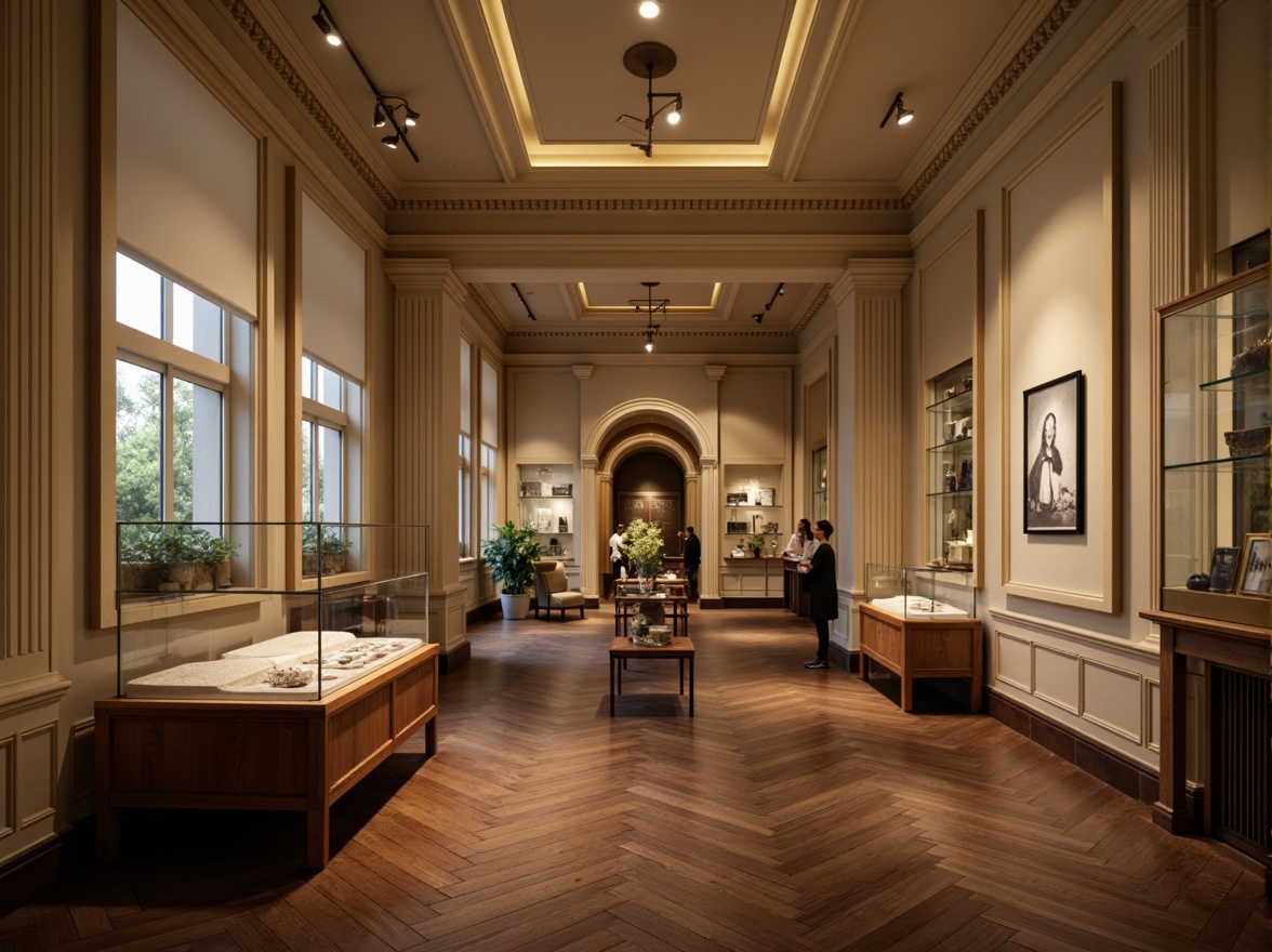 Prompt: Elegant museum interior, academic style decor, neutral color palette, warm beige walls, dark wood flooring, ornate moldings, classic furniture pieces, subtle ambient lighting, softbox diffused light, track lighting systems, accent spotlights, display case illumination, LED strip lights, glass shelving units, polished metal fixtures, natural daylight filtering, sheer curtains, 1/2 composition, shallow depth of field, realistic textures, soft warm glow.