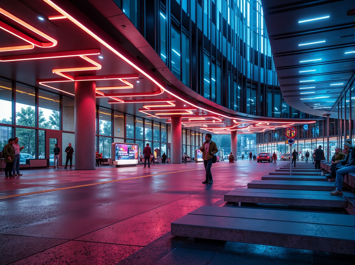 Prompt: Vibrant bus station, curved lines, dynamic shapes, bold colors, abstract forms, futuristic atmosphere, neon lights, metallic surfaces, sleek glass facades, undulating rooflines, irregular structures, expressionist architecture, dramatic shadows, high-contrast lighting, cinematic composition, shallow depth of field, 1/2 composition, panoramic view, detailed textures, ambient occlusion.