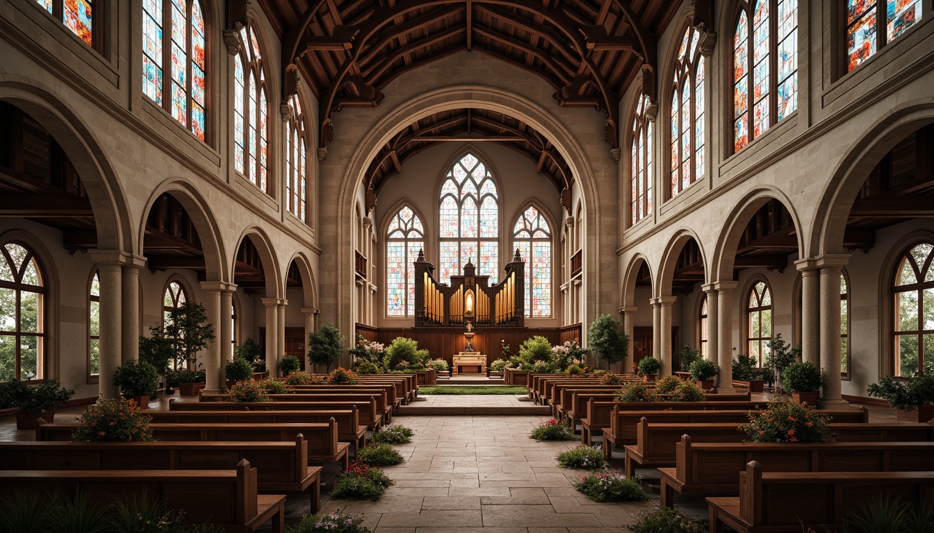 Prompt: Grand stone cathedral, vaulted ceilings, stained glass windows, intricately carved wooden pews, ornate metalwork, majestic pipe organs, luminous frescoes, hallowed ambiance, soft warm lighting, shallow depth of field, 3/4 composition, realistic textures, ambient occlusion, rustic brick walls, weathered copper roofs, elegant arches, sacred symbols, mystical atmosphere, serene natural surroundings, lush greenery, blooming flowers.