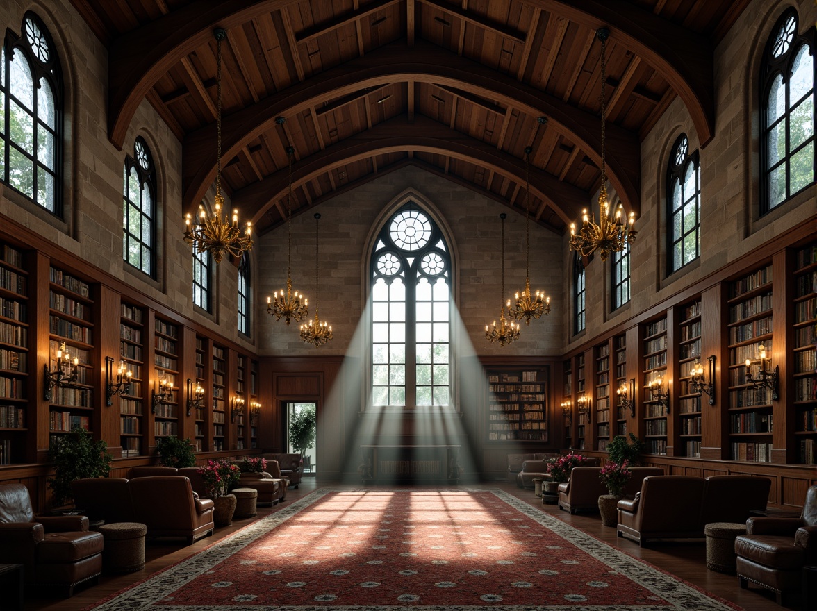 Prompt: Vaulted ceilings, stone walls, wooden beams, stained glass windows, grand chandeliers, ornate tapestries, Gothic arches, intricate carvings, cozy reading nooks, rustic wooden furniture, leather-bound tomes, dim warm lighting, soft shadows, atmospheric mist, 1/2 composition, dramatic spotlighting, realistic textures, ambient occlusion.