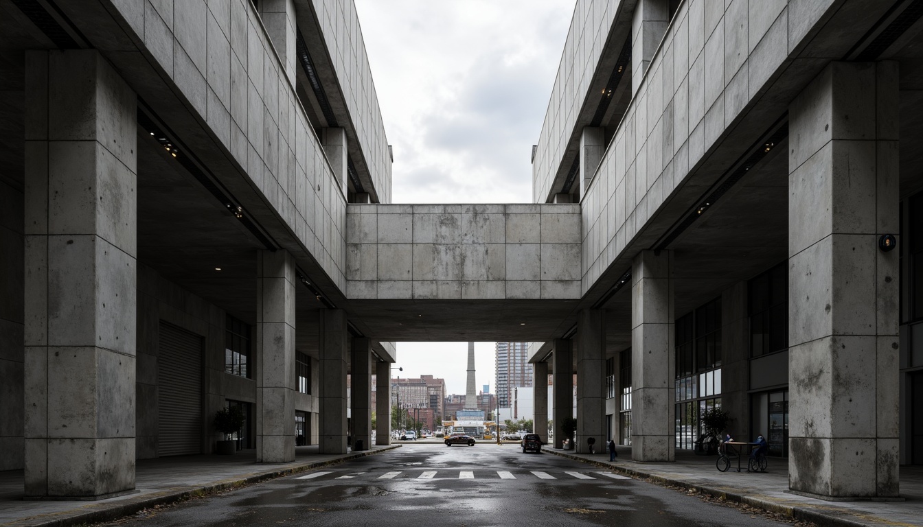 Prompt: Industrial concrete structures, brutalist architectural style, raw unfinished textures, exposed ductwork, metallic beams, reinforced steel columns, minimalist decor, functional simplicity, monochromatic color palette, abundant natural light, urban cityscape, cloudy overcast day, dramatic shadows, high contrast lighting, 1/2 composition, cinematic camera angles, realistic renderings.