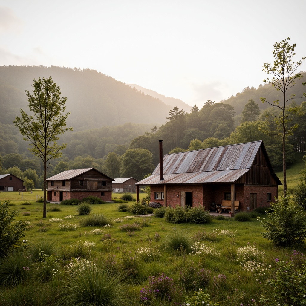 Prompt: Rustic rural landscape, wooden farmhouse, earthy tones, weathered barns, rolling hills, lush green pastures, wildflowers, misty morning, soft warm lighting, natural textures, wooden accents, stone walls, vintage metal roofs, distressed finishes, earthy red bricks, muted color scheme, harmonious contrast, 1/2 composition, atmospheric perspective, realistic rendering.