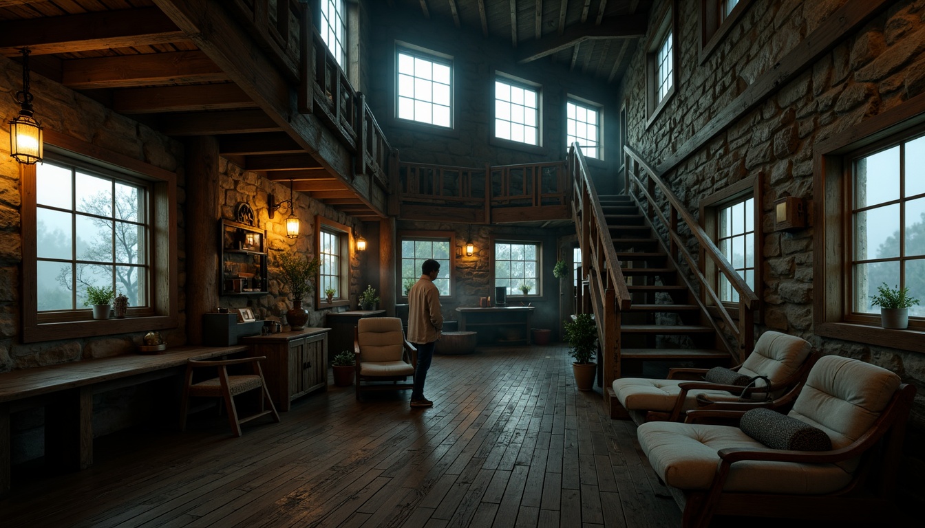 Prompt: Rustic watching tower, distressed wooden planks, weathered stone walls, metal lanterns, winding staircases, narrow windows, mysterious ambiance, misty foggy atmosphere, eerie twilight, warm golden lighting, cinematic composition, high contrast ratio, dramatic shadows, realistic textures, ambient occlusion.