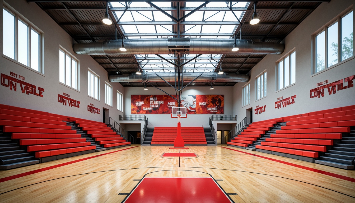 Prompt: Vibrant gymnasium interior, polished wooden floors, suspended basketball hoops, athletic tracks, bleacher seating areas, motivational quotes, natural light pouring through clerestory windows, modern architectural design, steel beams, exposed ductwork, dynamic spatial layouts, energetic color schemes, bold typography, abstract geometric patterns, ambient lighting effects, shallow depth of field, 1/2 composition, realistic textures, subtle camera movements.