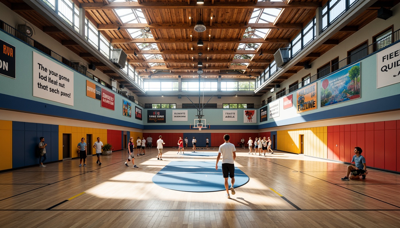 Prompt: Vibrant gymnasium interior, polished wooden floors, gleaming metal equipment, colorful athletic mats, energetic student athletes, motivational quotes, natural light pouring through skylights, modern sports facilities, dynamic spatial layout, open ceilings, exposed ductwork, bold architectural lines, industrial-chic decor, soft warm lighting, shallow depth of field, 1/2 composition, realistic textures, ambient occlusion.Let me know if this meets your expectations!