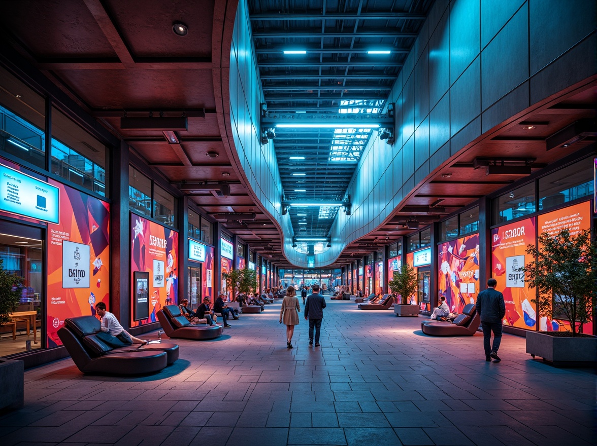 Prompt: Vibrant bus station, futuristic curves, bold angular lines, dynamic shapes, industrial materials, exposed ductwork, neon signage, urban cityscape, bustling atmosphere, rush hour scenes, natural stone flooring, stainless steel columns, cantilevered roofs, transparent glass fa\u00e7ade, abstract patterns, geometric motifs, LED light installations, moody color palette, high contrast lighting, dramatic shadows, cinematic composition, 2.5D perspective, atmospheric depth of field.