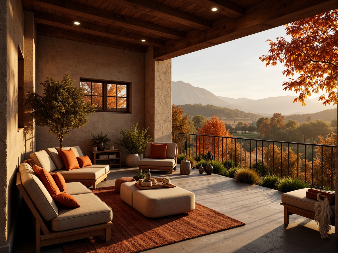 Prompt: Warm persimmon hue, earthy tone, rustic textures, natural stone walls, wooden accents, cozy atmosphere, autumnal colors, vibrant orange undertones, soft golden lighting, intimate spaces, residential architecture, country-style homes, rural landscapes, rolling hills, scenic vistas, panoramic views, dramatic skies, cinematic composition, atmospheric perspective, realistic rendering.