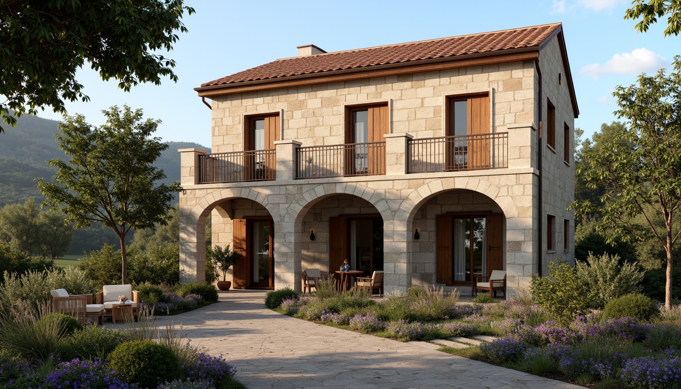 Prompt: Rustic villa, natural stone fa\u00e7ade, weathered wooden accents, terracotta roof tiles, ornate metal railings, decorative cornices, grand entrance doors, arched windows, soft warm lighting, Mediterranean landscape, lush greenery, blooming flowers, ancient olive trees, serene countryside views, 1/1 composition, realistic textures, ambient occlusion.