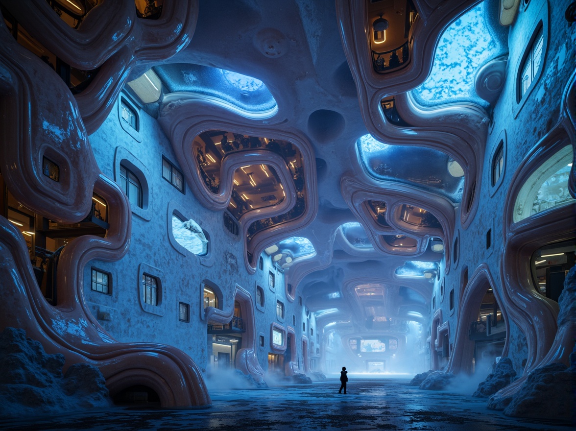 Prompt: Organic blob-like structures, futuristic architecture design, irregular shapes, modular elements, interconnected pods, glowing neon lights, iridescent colors, reflective surfaces, sci-fi atmosphere, space-age feel, sleek curves, avant-garde style, experimental design, innovative materials, translucent panels, ambient lighting, misty fog effects, shallow depth of field, 1/1 composition, close-up shots, soft focus, realistic textures.