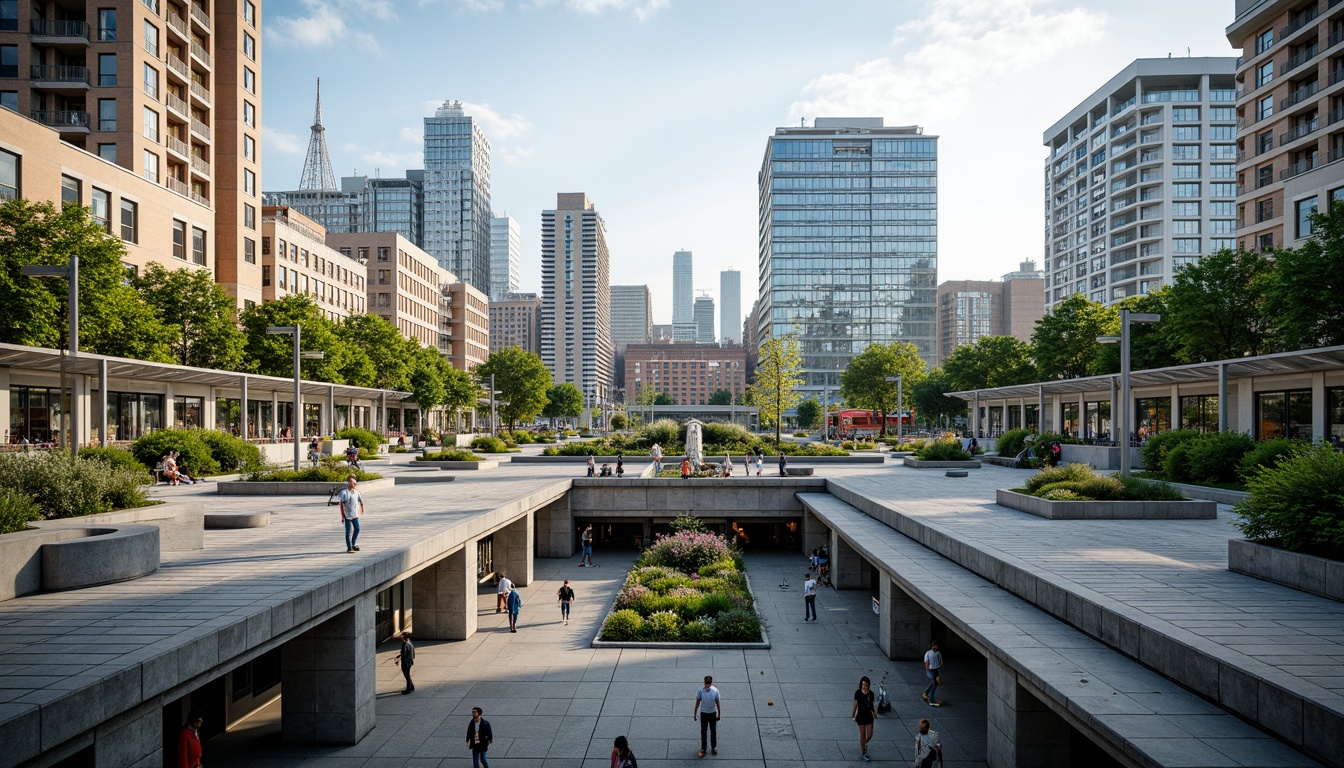 Prompt: Vibrant transportation hub, lush green roofs, modern architecture, sleek metal structures, angular lines, futuristic designs, bustling cityscape, urban landscape integration, natural stone walkways, pedestrian-friendly paths, bike lanes, public art installations, dynamic LED lighting, shallow depth of field, 3/4 composition, panoramic view, realistic textures, ambient occlusion.