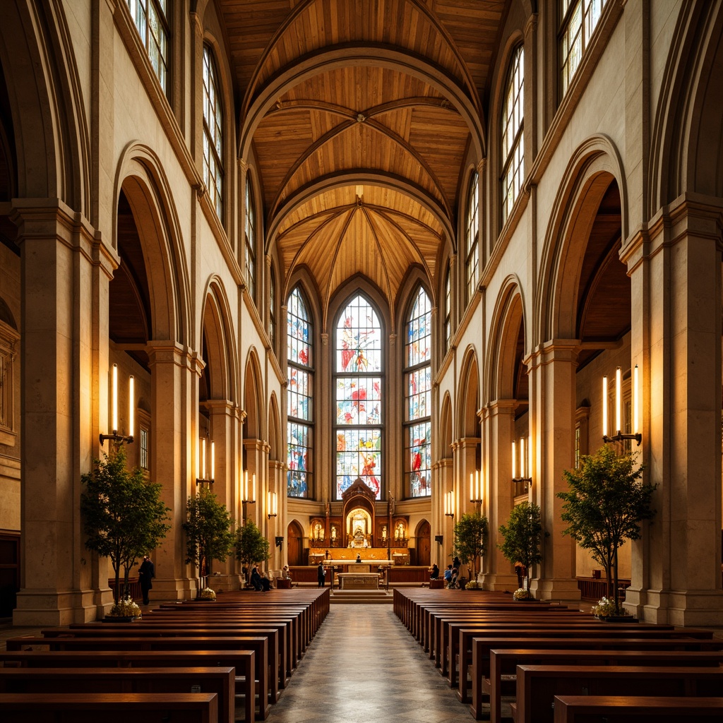 Prompt: Majestic church interior, serene atmosphere, warm beige walls, rich wooden accents, elegant stained glass windows, vibrant holy colors, soft golden lighting, ornate details, grandiose architecture, historic preservation, traditional European design, intricate stone carvings, subtle texture overlays, realistic material reflections, 1/1 composition, shallow depth of field, warm color tones.