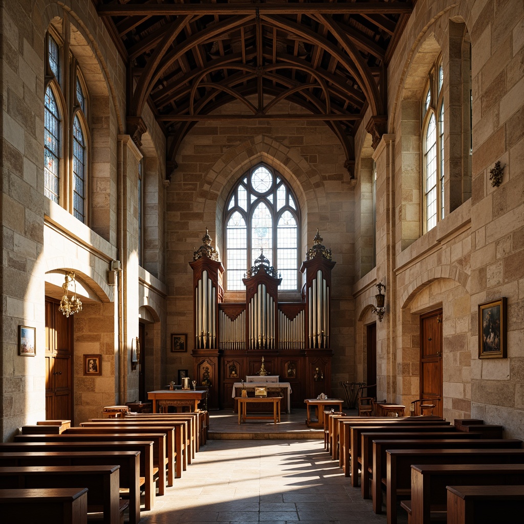 Prompt: Ancient church architecture, rustic stone walls, weathered masonry textures, ornate Gothic arches, stained glass windows, grand wooden doors, intricate carvings, vaulted ceilings, prayer candles, pews, altar tables, majestic pipe organs, morning sunlight, soft warm lighting, shallow depth of field, 3/4 composition, realistic textures, ambient occlusion.