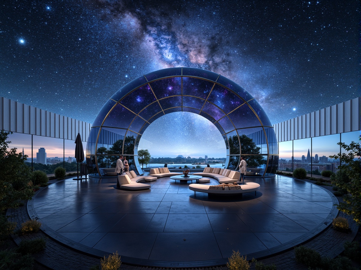 Prompt: Cosmic planetarium homes, futuristic spherical architecture, transparent dome structures, starry night sky projections, soft ambient lighting, ethereal glow, minimalist interior design, sleek metallic accents, glass floors, celestial-inspired murals, nebula-patterned textiles, astronomical instrument displays, floor-to-ceiling windows, panoramic views, shallow depth of field, 1/1 composition, realistic reflections, atmospheric fog effects.