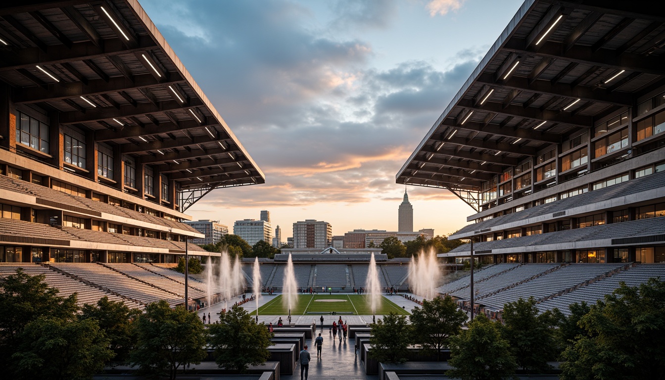 Prompt: Exposed steel stadium, cantilevered rooflines, industrial aesthetic, rugged metal beams, raw concrete walls, dynamic lighting systems, evening ambiance, atmospheric misting effects, tiered seating areas, open-air concourses, modern athletic facilities, state-of-the-art sports equipment, sleek glass facades, minimalist design elements, functional structural systems, elevated walkways, urban cityscape views, dramatic sunsets, warm golden hour lighting, 2/3 composition, cinematic camera angles, high-contrast color palette.