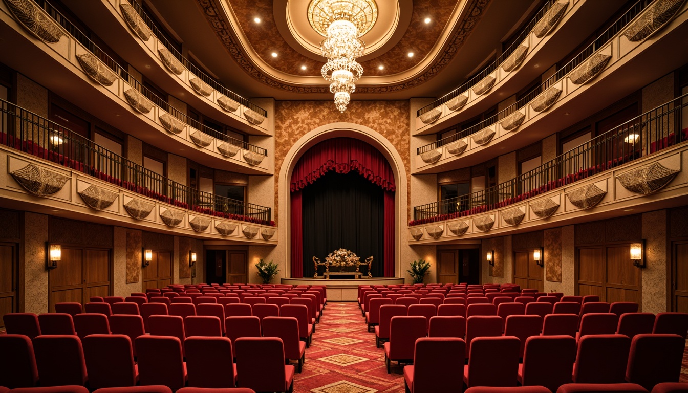 Prompt: Luxurious auditorium interior, curved rows of seats, plush velvet upholstery, polished wooden floors, grandiose chandeliers, dramatic ceiling heights, sweeping arches, ornate moldings, opulent red carpeting, richly textured walls, subtle ambient lighting, precise acoustic design, optimal sound diffusion, raked seating arrangements, unobstructed sightlines, elegant VIP areas, sleek modern balconies, intricate metal railings, lavish decorative elements, warm inviting color palette, 1/1 composition, shallow depth of field, soft warm lighting.