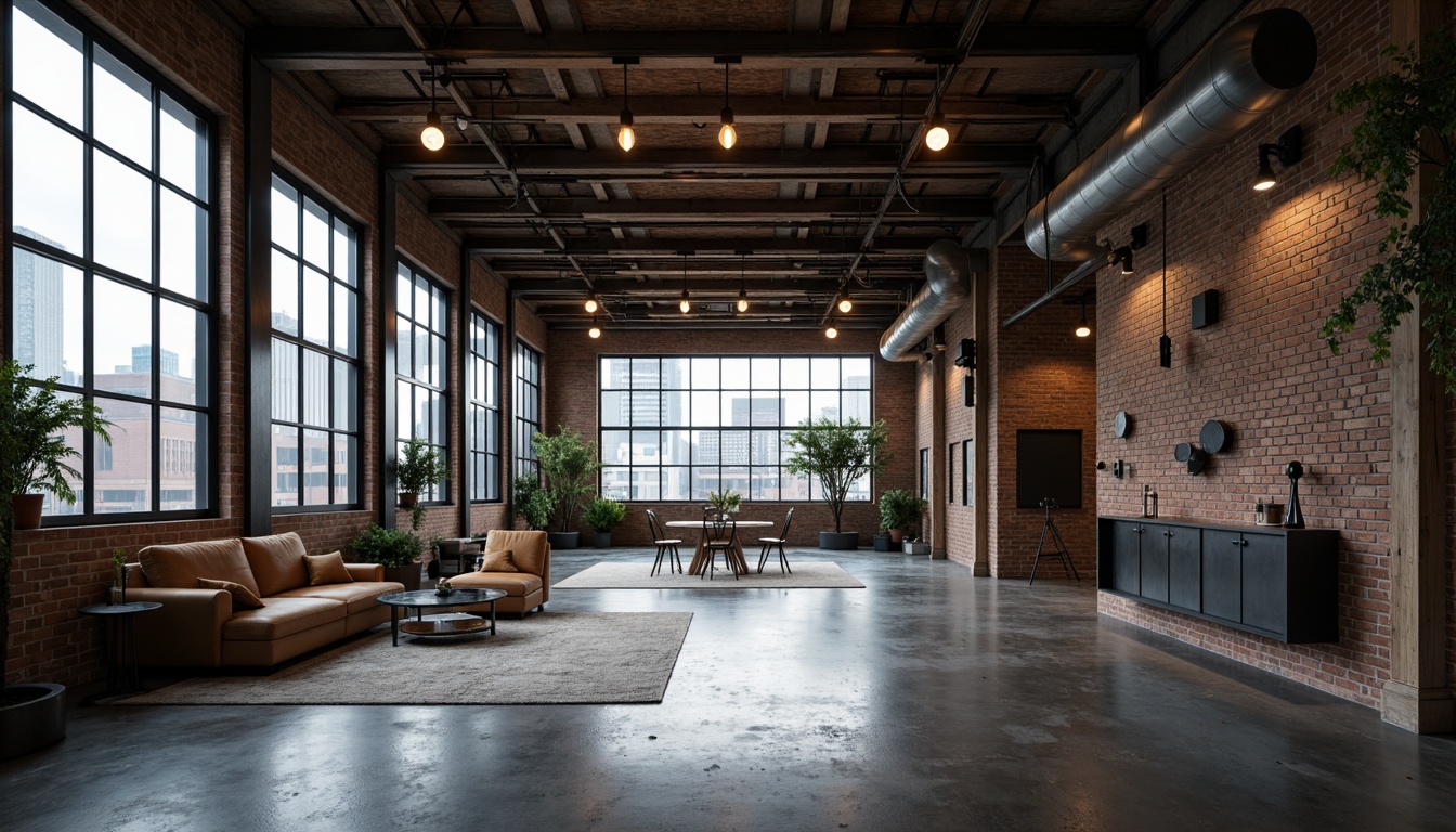 Prompt: Exposed steel beams, industrial chic, reclaimed wood accents, metal-grid ceilings, polished concrete floors, urban loft atmosphere, converted warehouse space, minimal ornamentation, functional decor, Edison bulb lighting, distressed brick walls, black steel windows, modern minimalist furniture, urban cityscape views, cloudy grey skies, dramatic shadows, high-contrast lighting, 1/2 composition, moody color palette, gritty textures, cinematic ambiance.